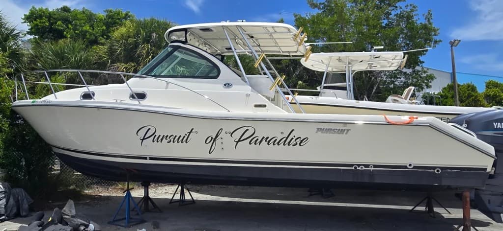Pursuit of Paradise lettering above a black boot stripe